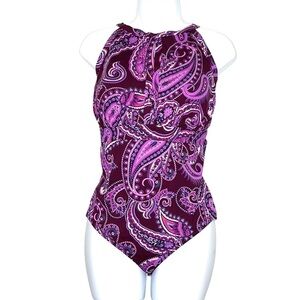 Lands’ End One Piece Swimsuit, Size 18W, Maroon Purple Paisley